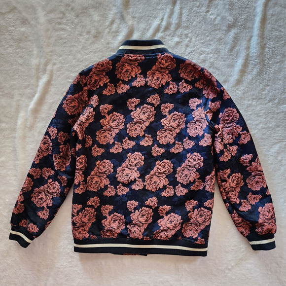 XS Frank and Oak Jacquard Floral Bomber Jacket Pink Navy Blue Embroidered Roses - Picture 10 of 10
